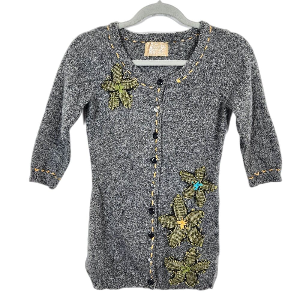 Buffalo David Bitton Vintage Embroidery Flower Cardigan Lambswool Gray Size M